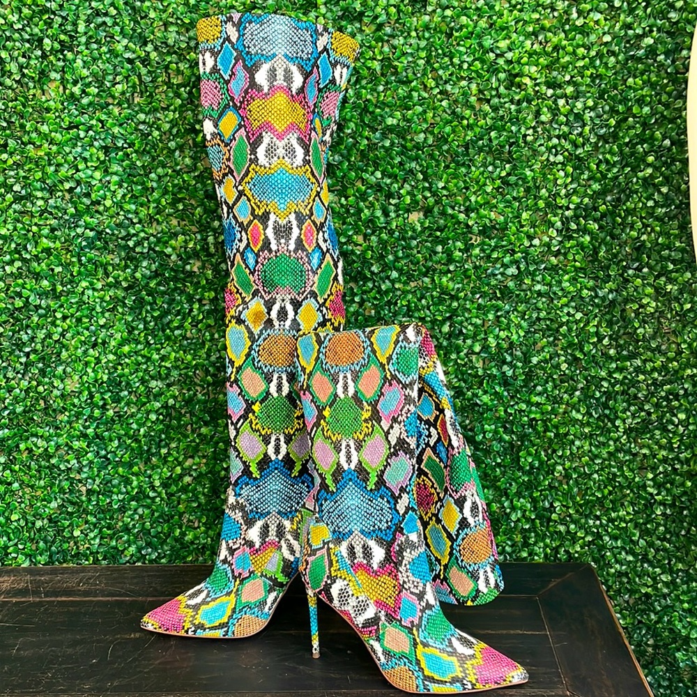 Steve Madden Vanquish Over-the-Knee, bright multi color snake print!